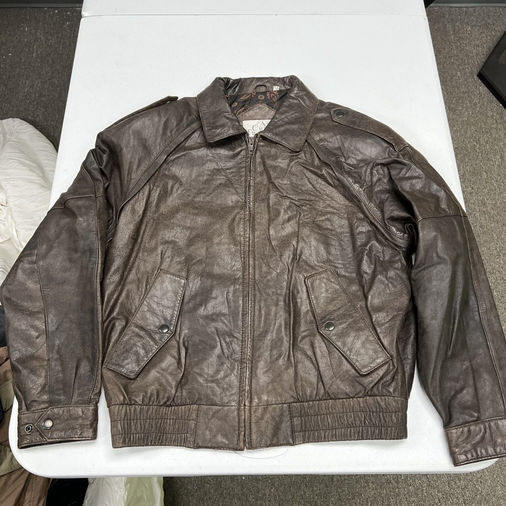 Ash Creek Trading Leather Bomber Jacket Mens M Brown Vintage Epaulets Paisley